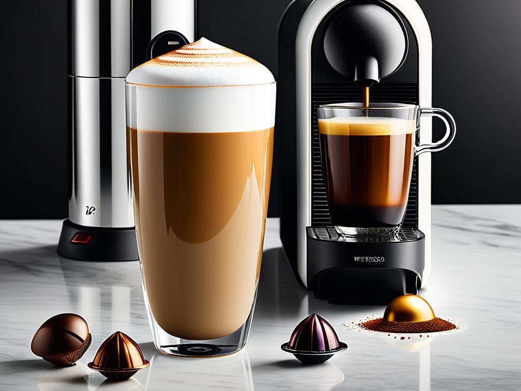 Чашка кофе латте, приготовленного на капсульной кофемашине Nespresso Vertuo Next Premium