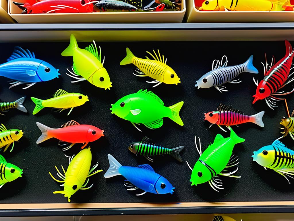 Силиконовые приманки в форме насекомых в магазине рыболовных снастей