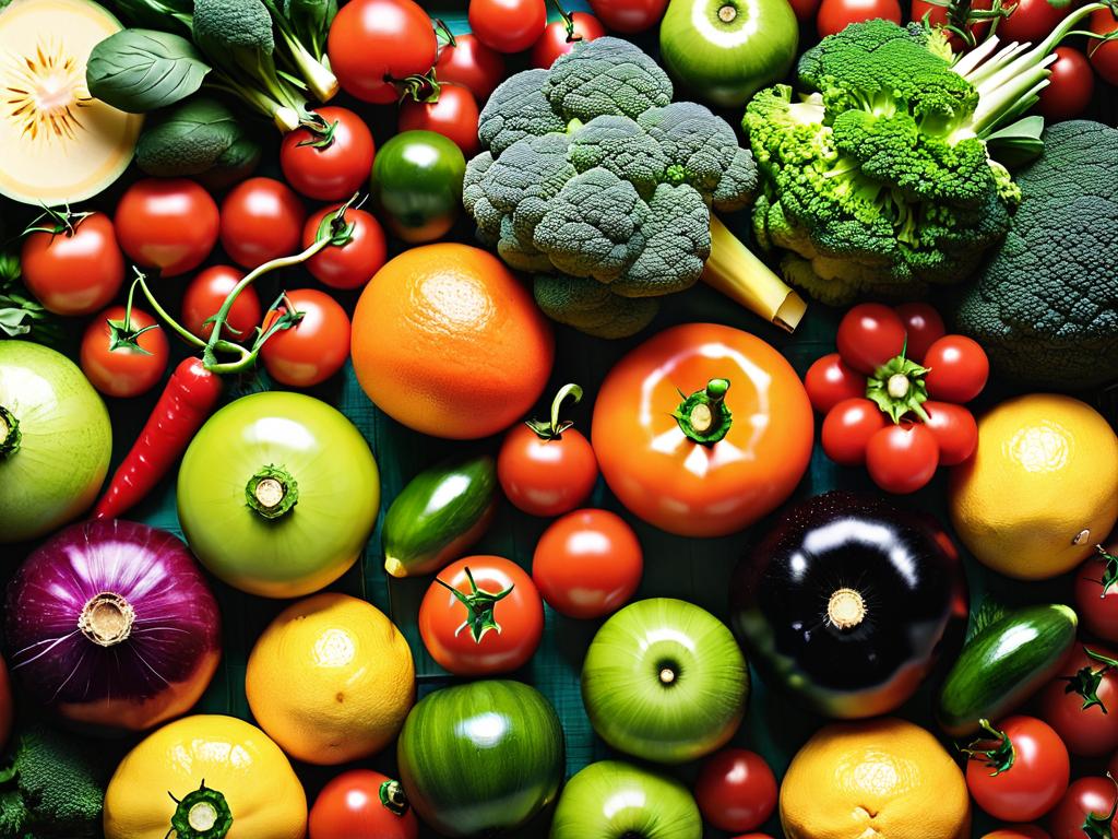 Крупный план свежих овощей и фруктов