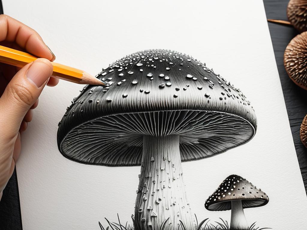 Рисование текстуры шляпки гриба карандашом