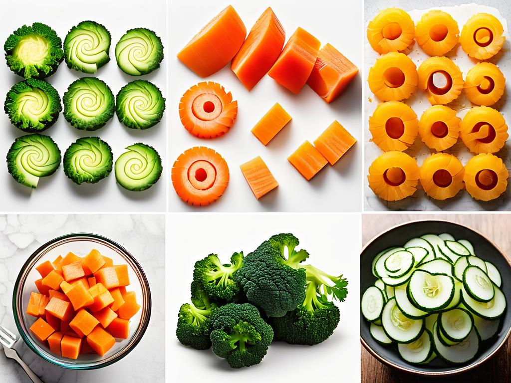 Примеры видов нарезки овощей: ломтики, спиральки, кубики, фигурные дольки
