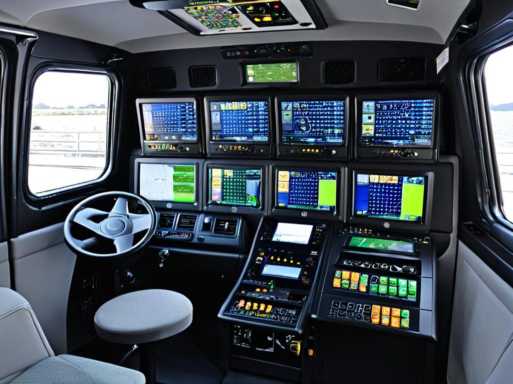 Интерьер кабины, заполненный мониторами и органами управления