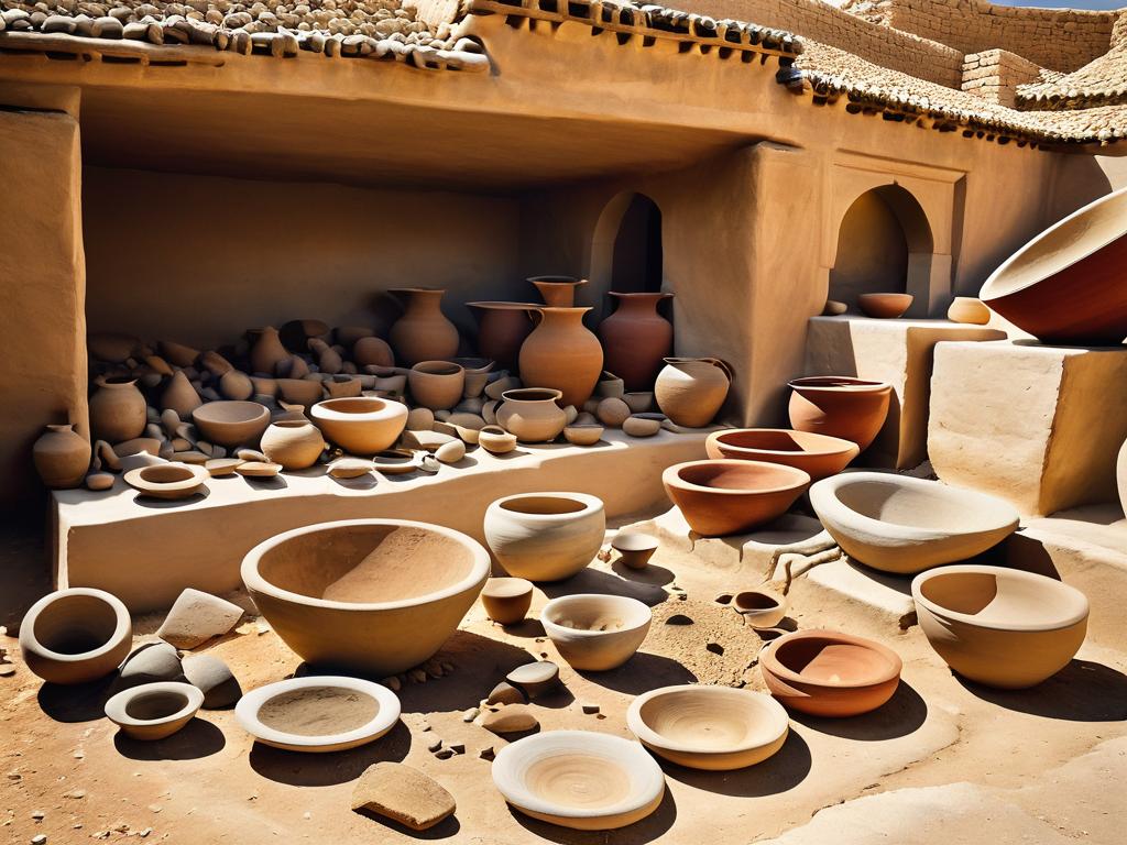 Экспонаты археологической выставки - древние орудия и керамика