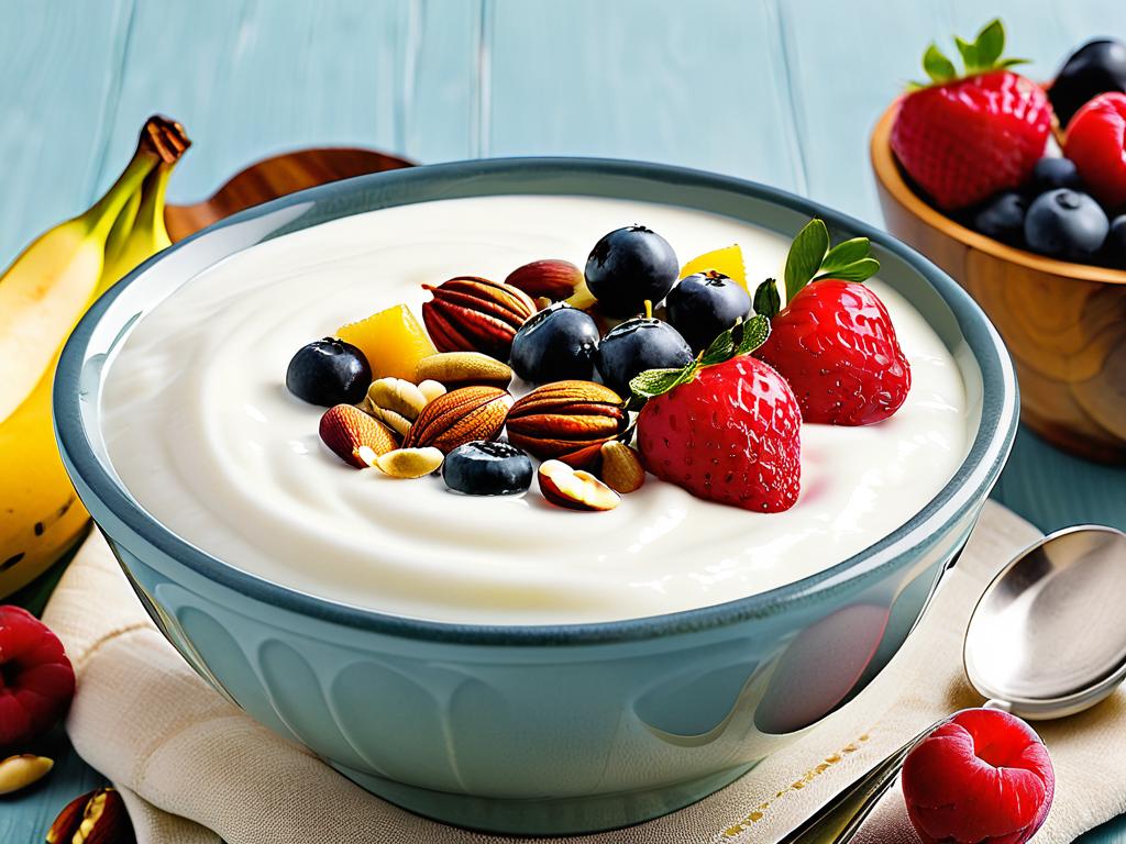 Большая миска натурального йогурта с фруктами и орехами. Выглядит полезно и питательно.