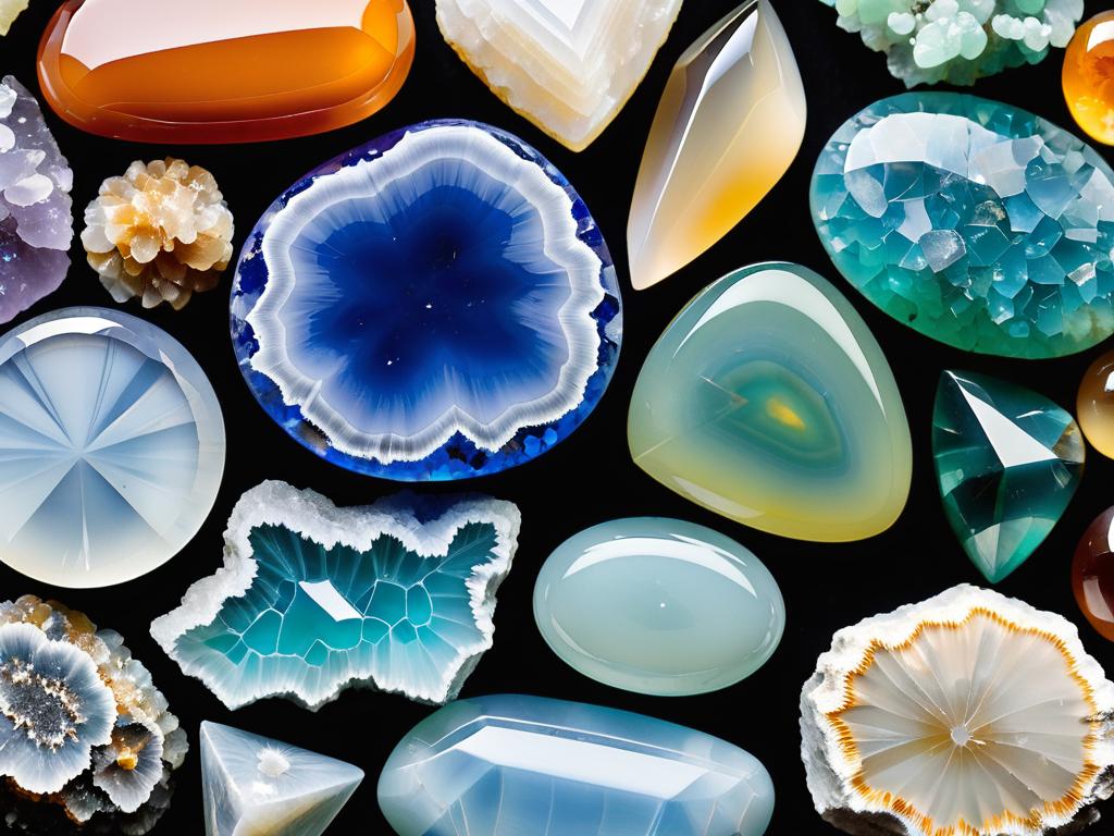 На фото разнообразные виды минерала халцедон разных цветов