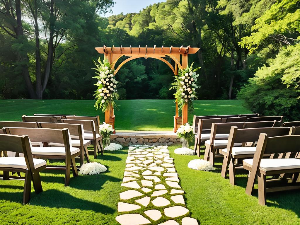 Венчание на природе в стиле рустик с деревянной аркой, скамейками и цветами