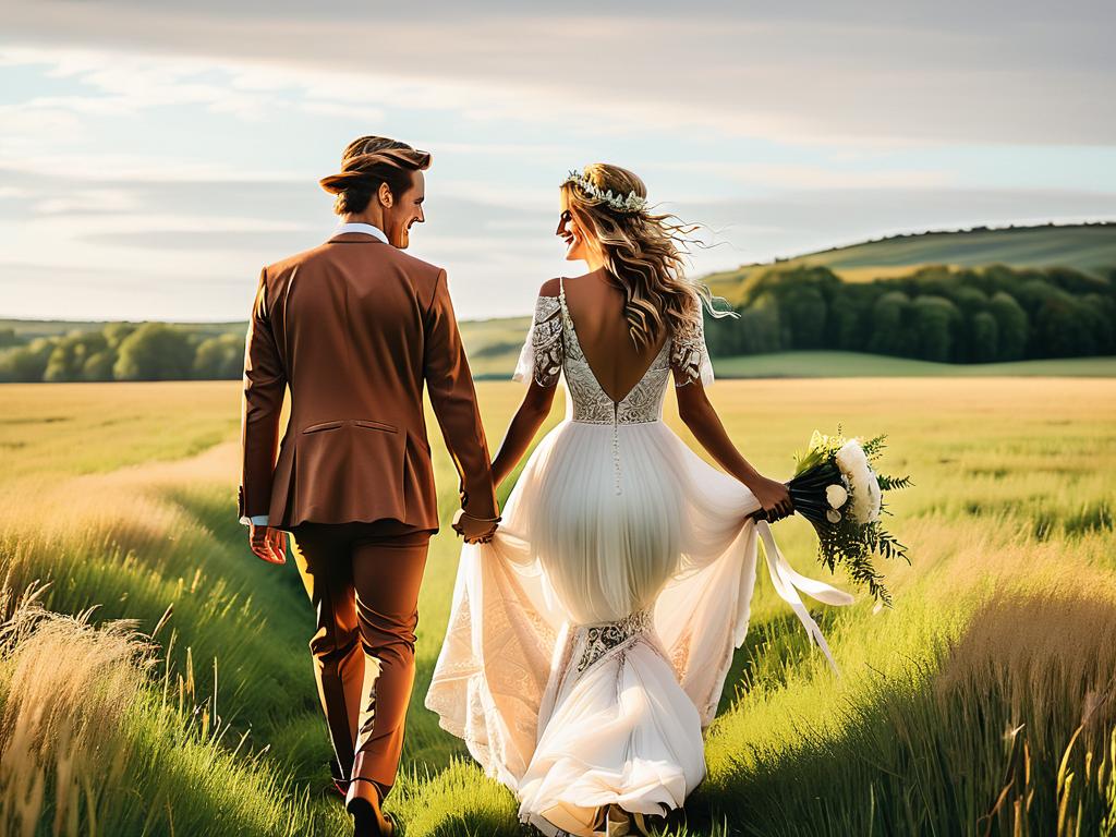 Невеста и жених в нарядах для свадьбы рустик идут по полю