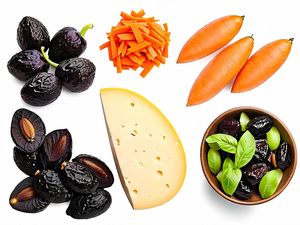 Ингредиенты для салата Марсель - куриная грудка, чернослив, морковь, сыр и орехи