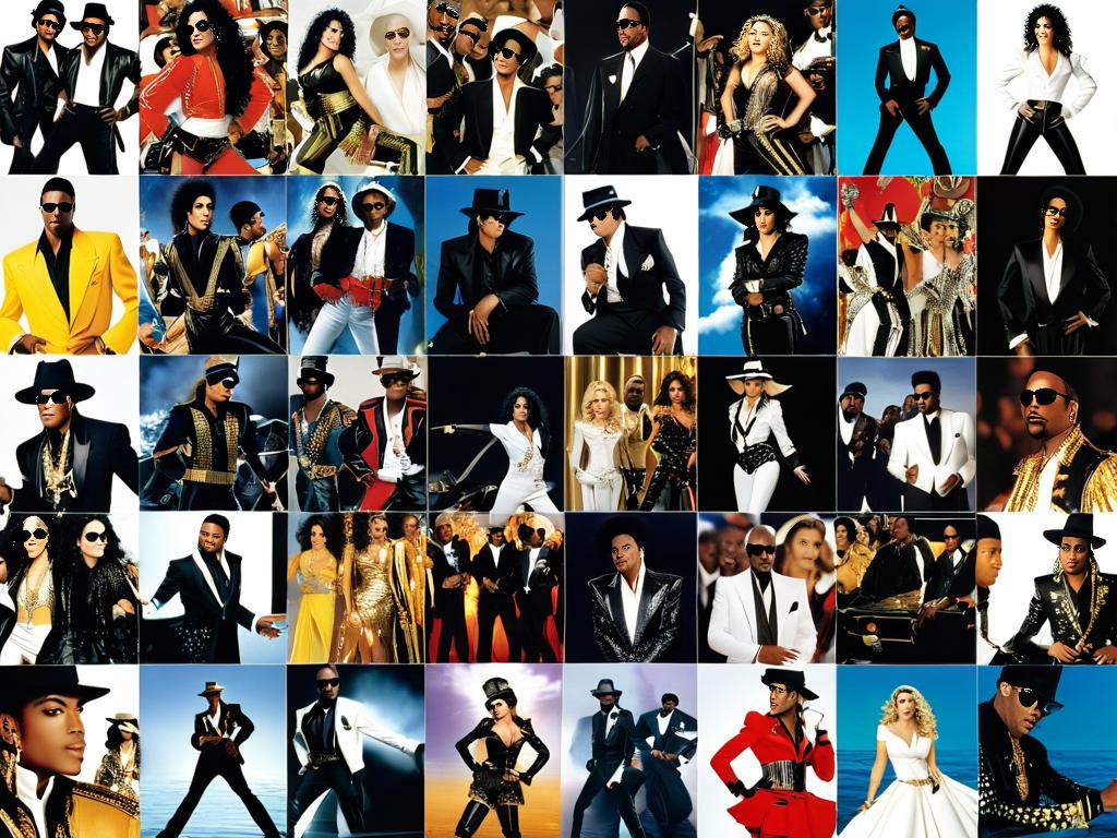 Коллаж изображений из самых дорогих музыкальных клипов в истории, включая Майкла Джексона, Мадонну,