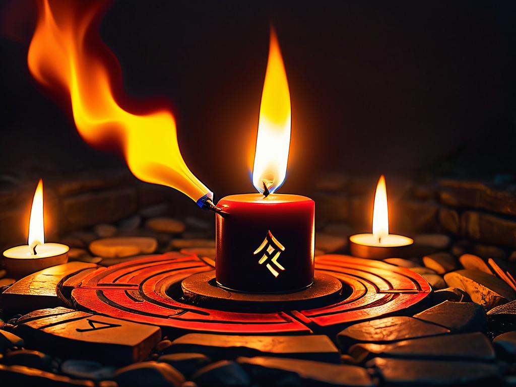 На фото показан древний метод активации рун с помощью огня - их поджигают над пламенем свечи