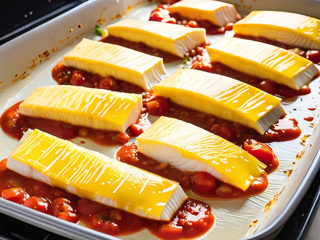 Кусочки рыбного филе выложены в форму для запекания вместе с томатно-овощным соусом и сыром
