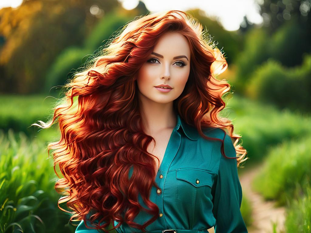 Фото молодой женщины с длинными рыжими волнистыми волосами на улице