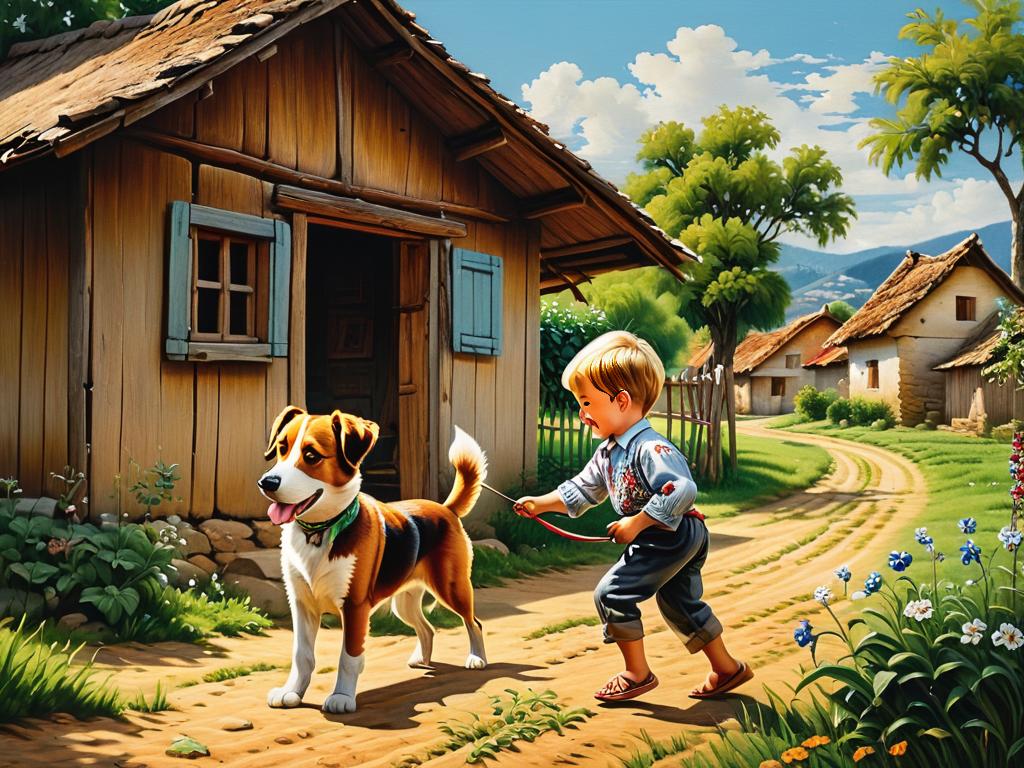 картина изображает мальчика в вышитой рубахе, играющего с собакой возле деревенского дома