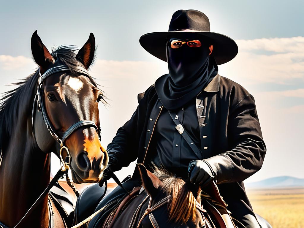 предводитель шайки разбойников в черной маске и широкополой шляпе на лошади