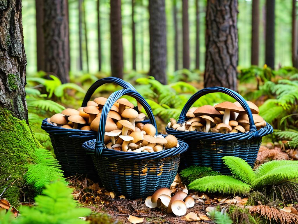 Корзины с только что собранными рядовками в сосновом лесу, готовые к приготовлению вкусных грибных