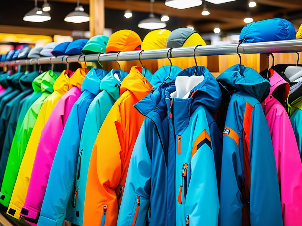Яркие детские горнолыжные куртки разных размеров в магазине