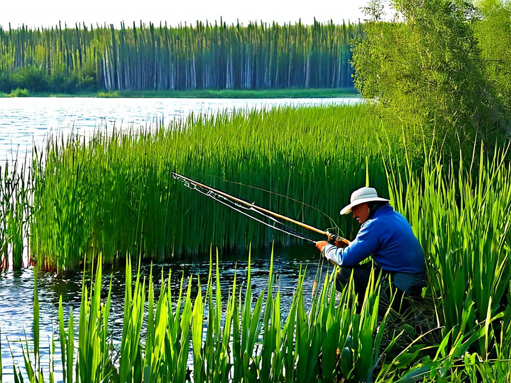 Рыбак ловит рыбу в камышах на берегу Ладожского озера