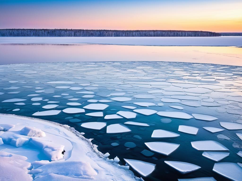 Замерзшее Ладожское озеро зимой с лунками для рыбалки