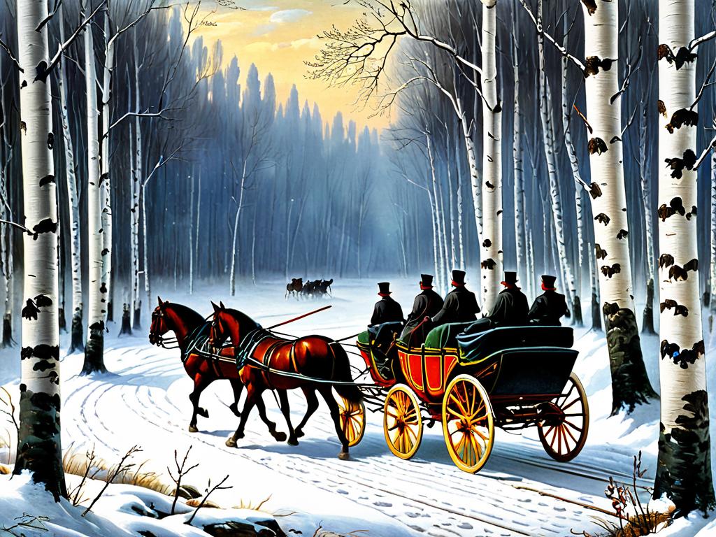 Картина 19 века, тройка лошадей едет по заснеженному березовому лесу в России