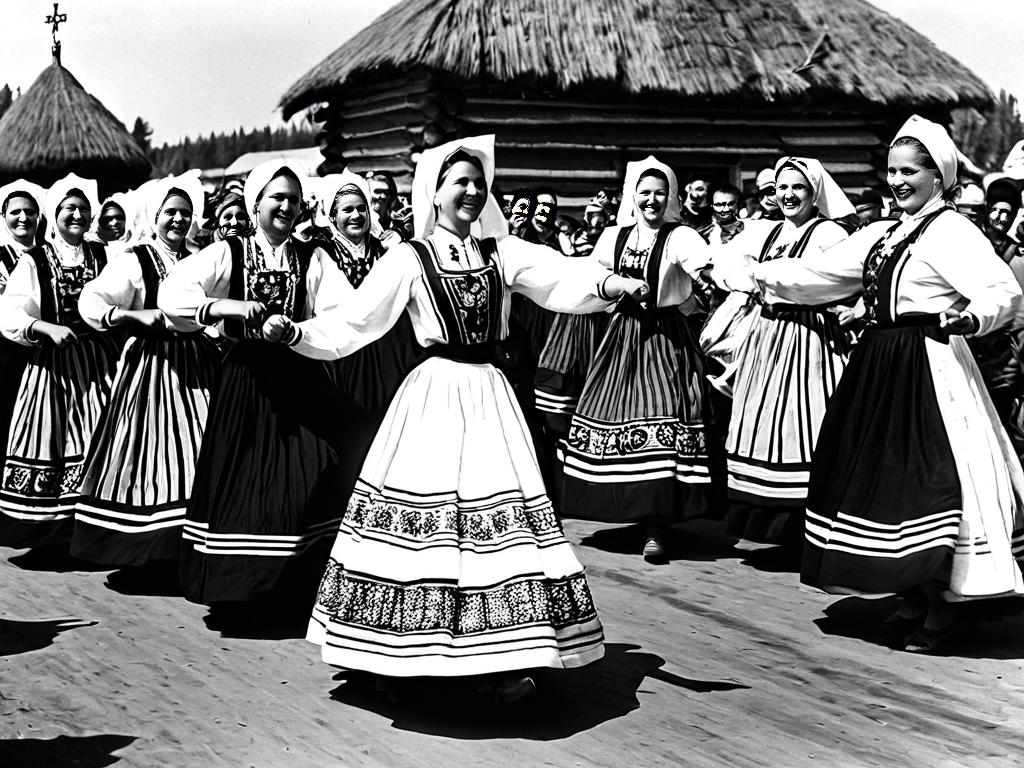 Старинная фотография русских крестьян в народных костюмах, танцующих на деревенском празднике