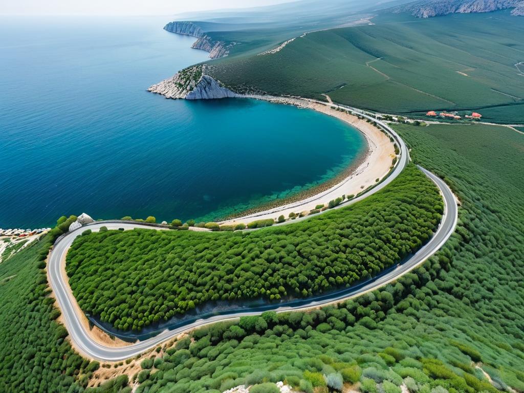 Вид сверху на извилистую горную дорогу в Крыму, ведущую к морскому побережью