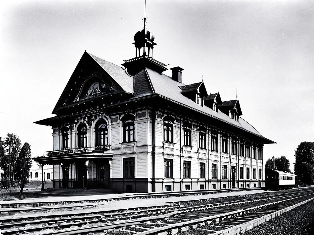 Черно-белая фотография первоначального здания Савеловского вокзала в начале XX века