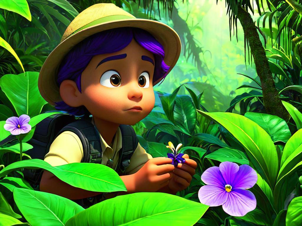 Исследователь в джунглях изучает цветок фиалки