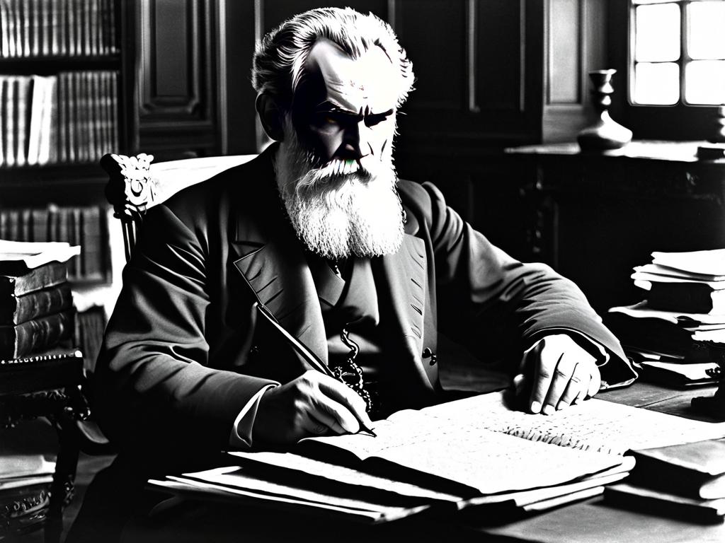 Лев Толстой работает над рукописями «Войны и мира» за своим рабочим столом