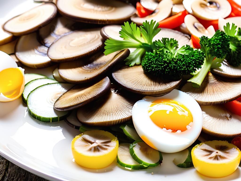 Крупный план ингредиентов для салата - нарезанные грибы, яйца, мясо и овощи