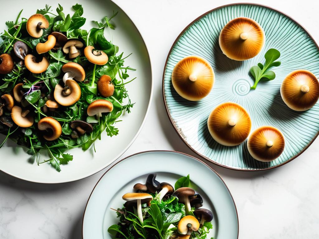 Салат, перевернутый вверх дном из салатницы на блюдо, грибами вверх, украшен зеленью