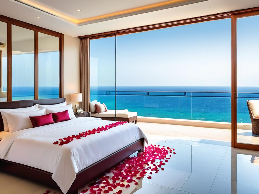 Просторный роскошный номер с кроватью кинг-сайз, украшенный лепестками роз, с видом на море через
