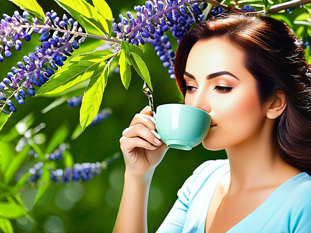 Женщина пьет чай из витекса для лечения проблем со здоровьем