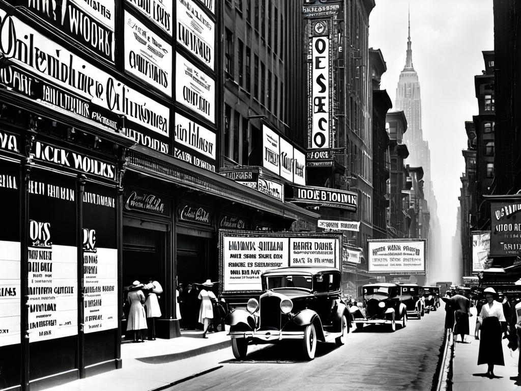 Ретро рекламные щиты вдоль улицы в Нью-Йорке в 1930-х годах.