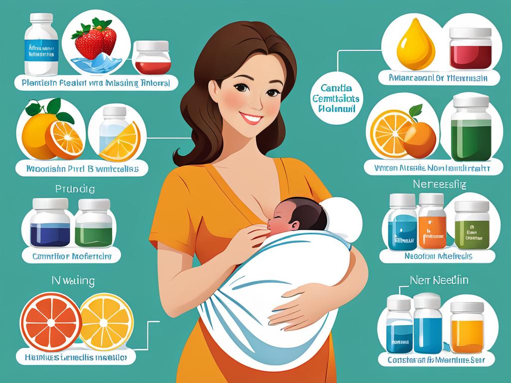 Иллюстрация витаминов и минералов, необходимых при кормлении грудью, поступающих к грудному ребенку
