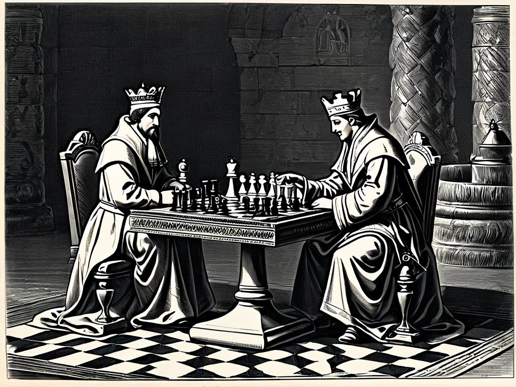Старинная гравюра с изображением рокировки в шахматах