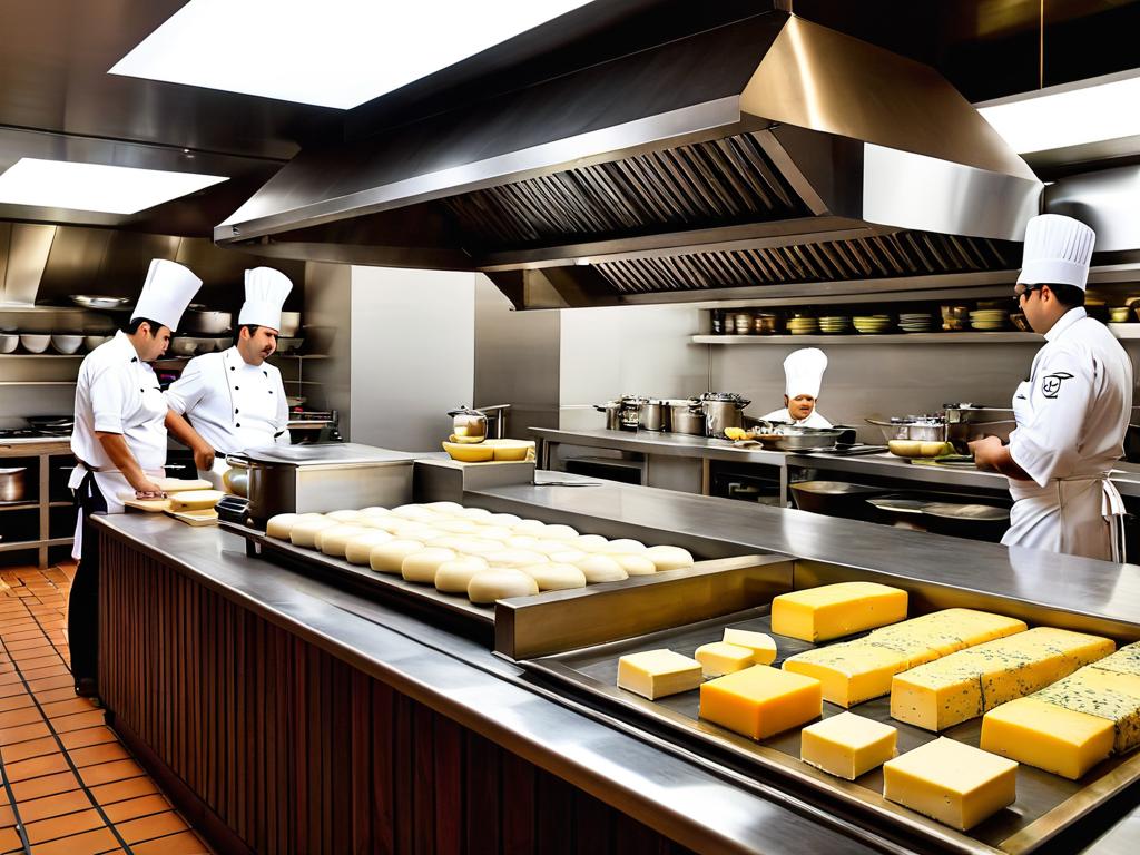 На открытой кухне готовят на глазах у посетителей. Также в ресторане представлена коллекция сыров.