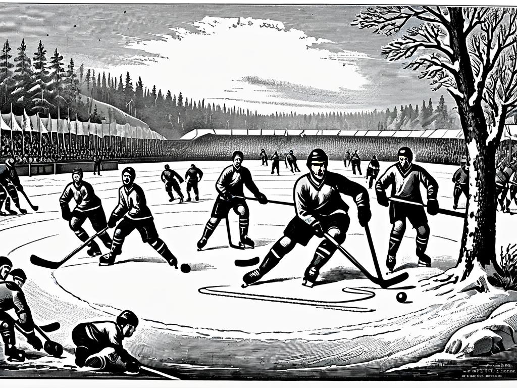 Гравюра с изображением ранней формы хоккея в Канаде