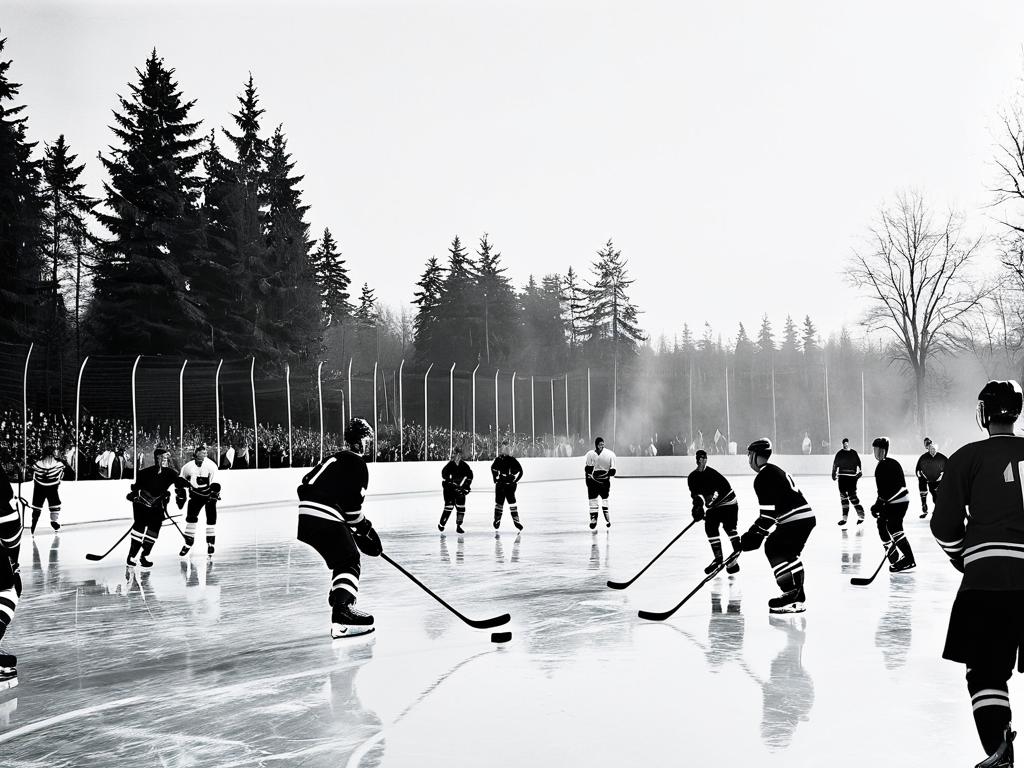 Черно-белая фотография одного из первых матчей по хоккею на открытом воздухе