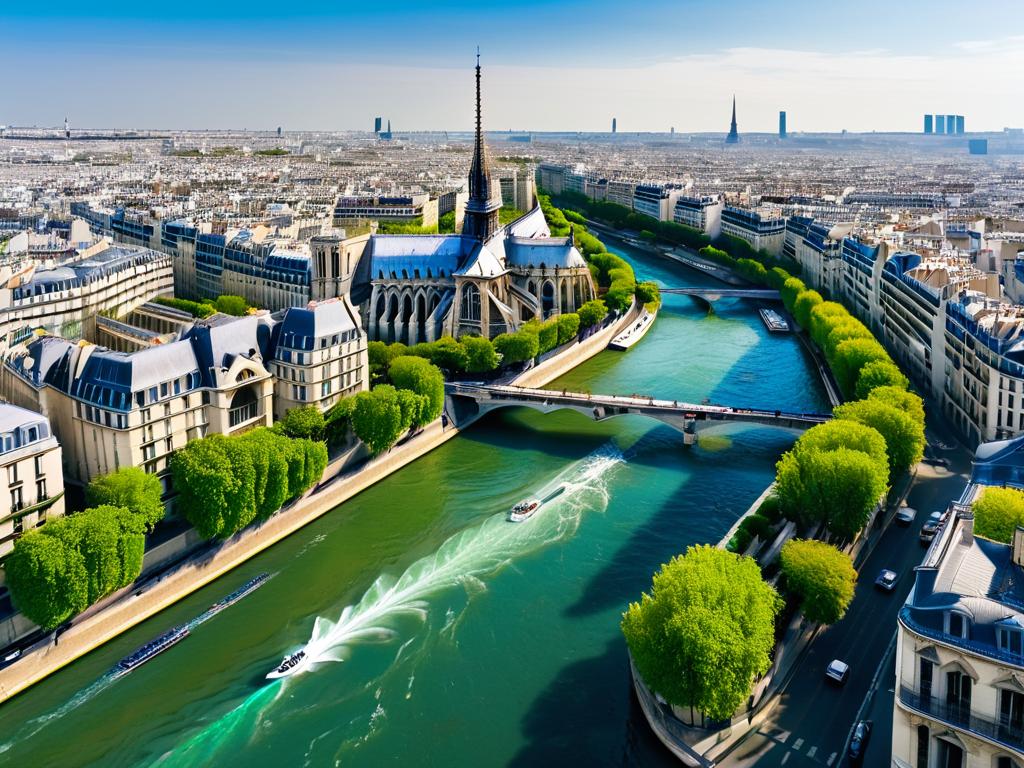 Вид сверху на реку Сена в Париже, Нотр-Дам на переднем плане
