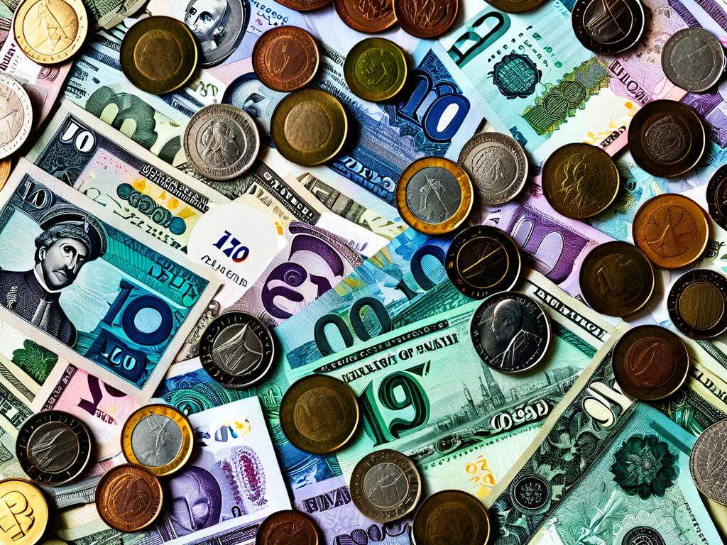 Коллаж фотографий банкнот и монет разных валют, разложенных на столе