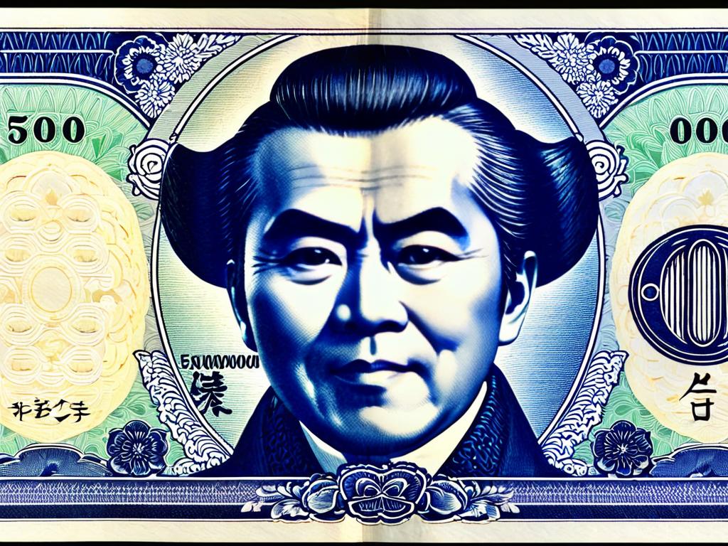 Крупный план пятитысячной банкноты в японских иенах с портретом Фукузавы Юкити