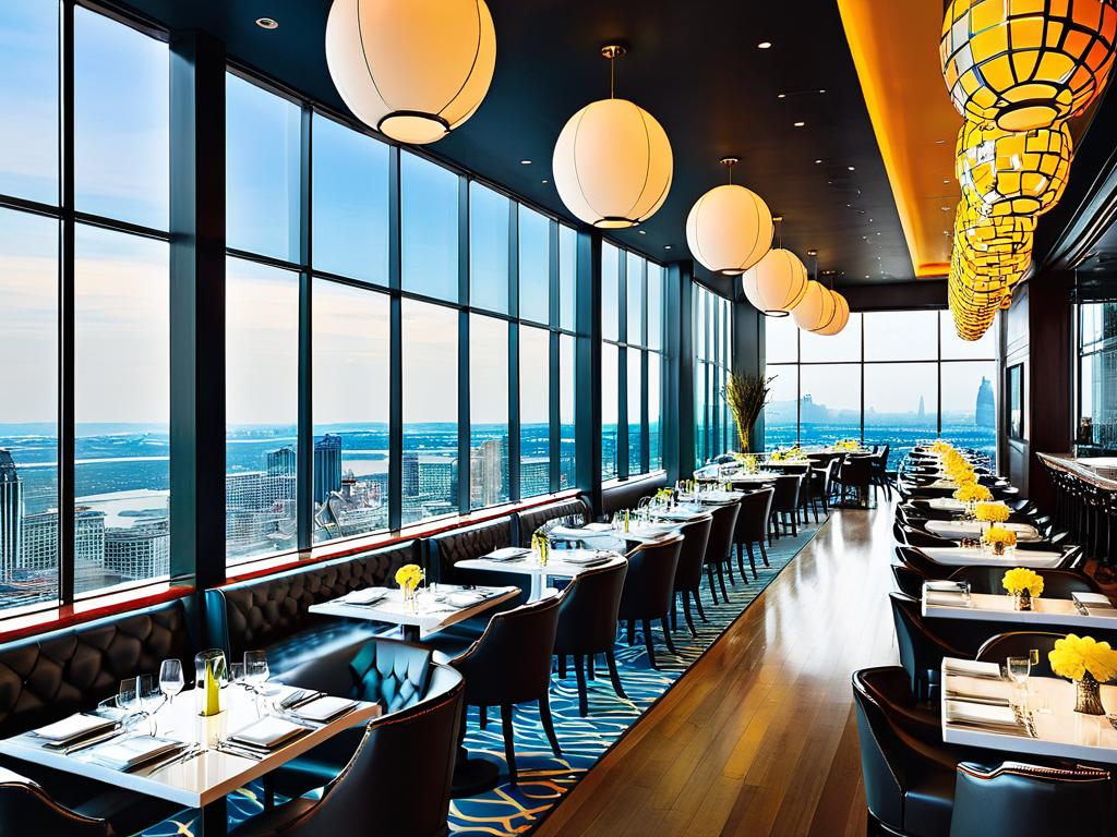 Интерьер ресторана Сиксти с ярким декором, панорамными окнами и видом на город