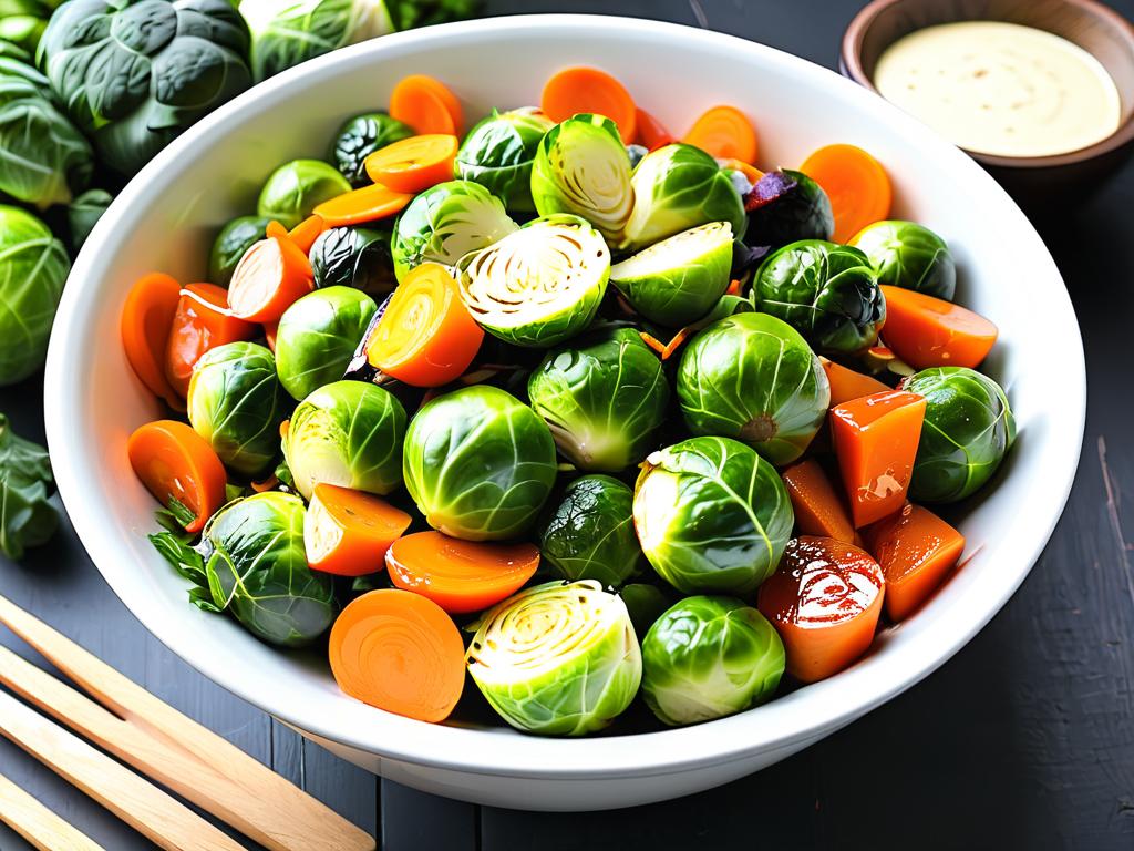 На фото тарелка с салатом из брюссельской капусты, моркови, капусты и соуса. Ингредиенты яркие и