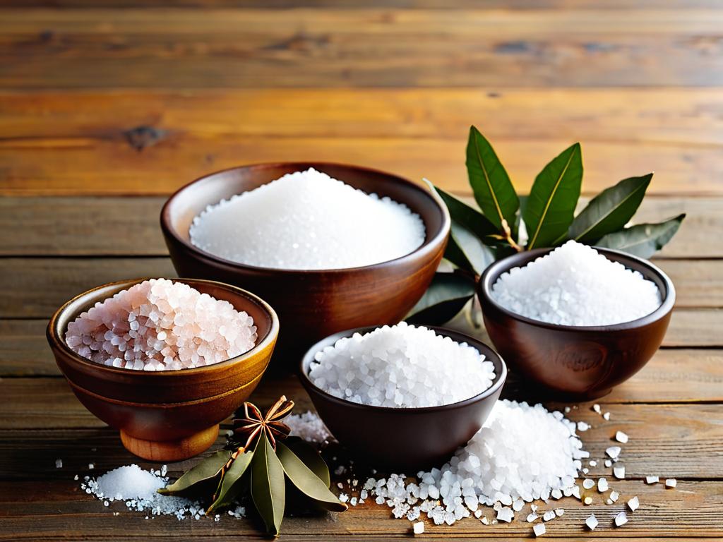 Миски с солью, сахаром, лавровым листом на деревянном столе