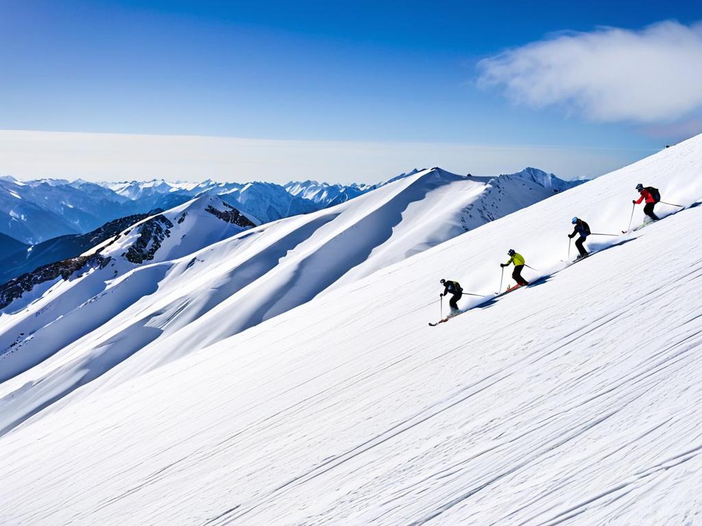 Люди катаются на лыжах по горному склону