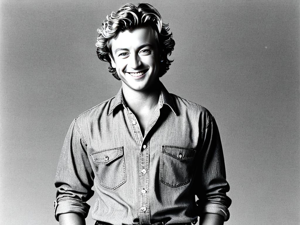 Черно-белое фото молодого Саймона Бейкера 1990-х годов в джинсах и рубашке с улыбкой