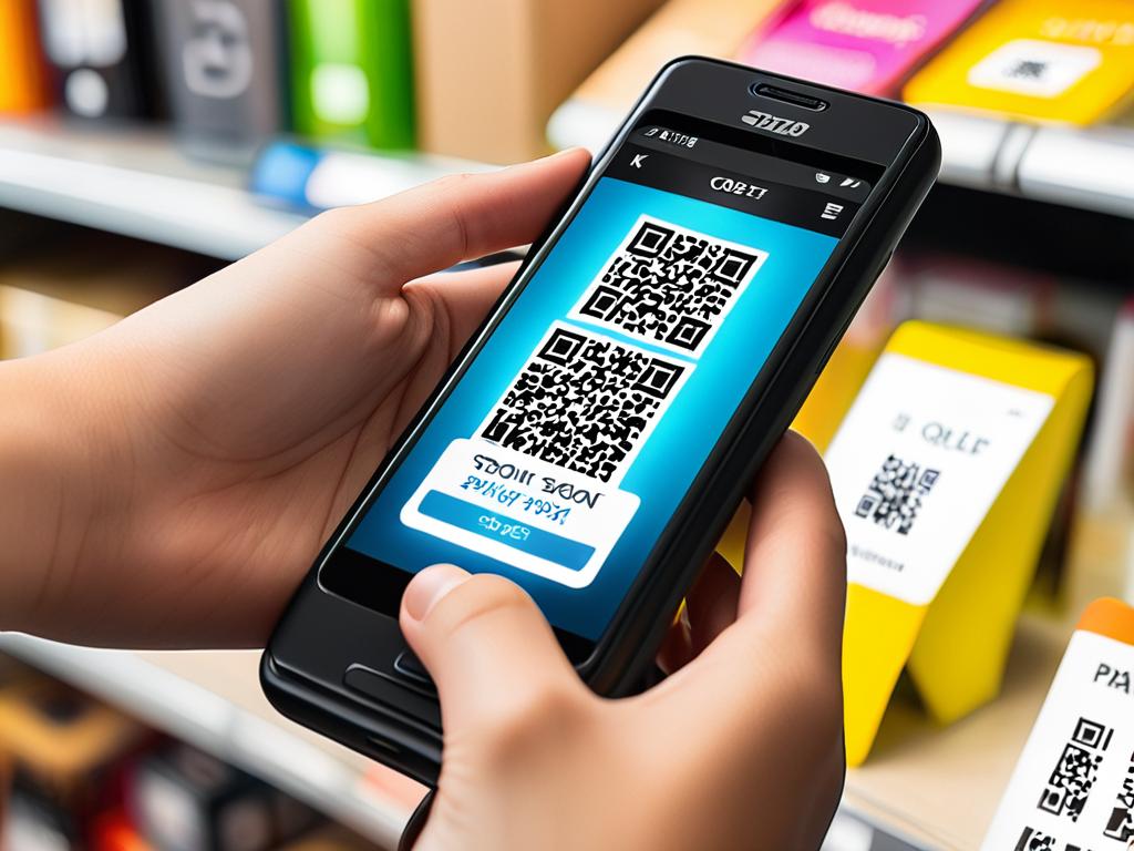 Человек сканирует QR-код на смартфоне для оплаты покупки в магазине