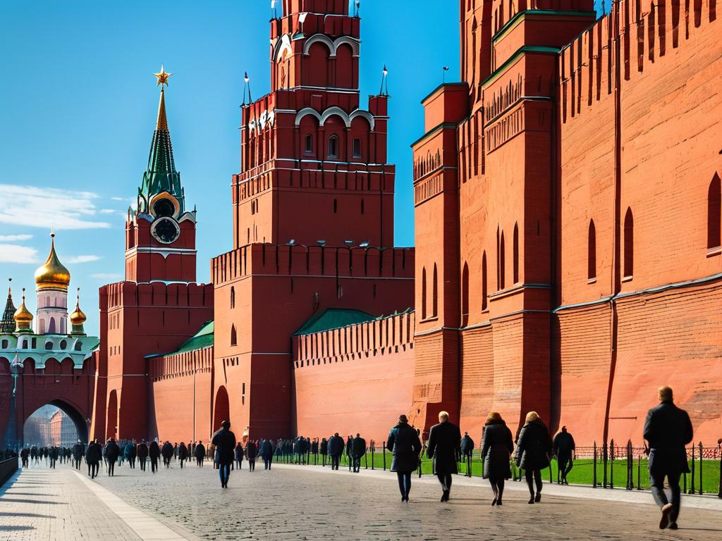 Люди гуляют возле красных кирпичных стен и башен московского Кремля на фоне голубого неба