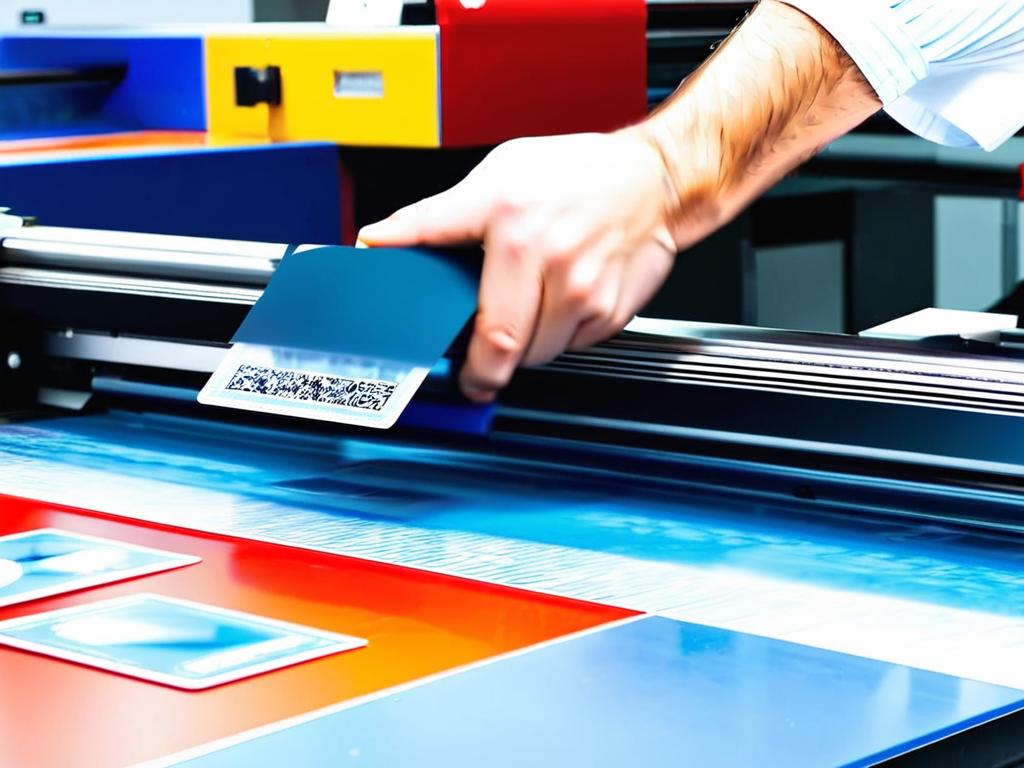 Работник обрезает пластиковые карты после печати и ламинирования