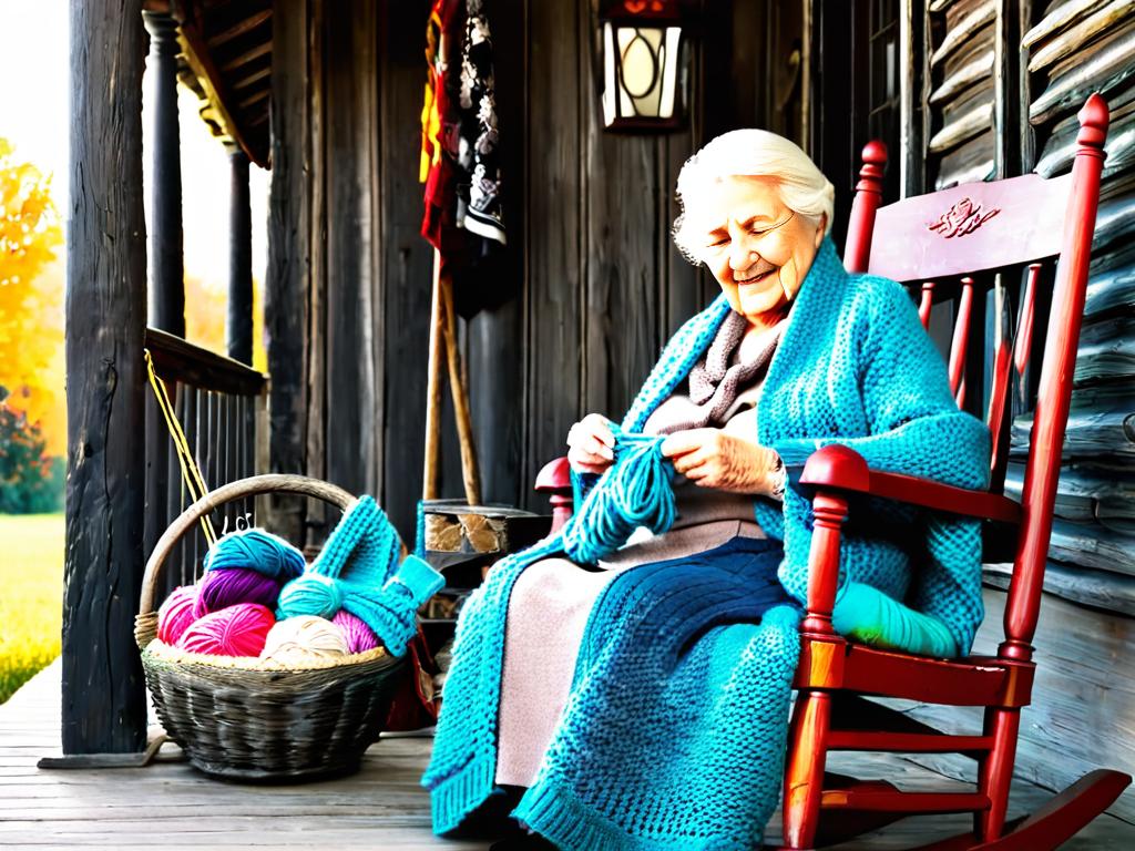 Пожилая женщина сидит в качалке на крыльце старого деревянного дома и вяжет шарф